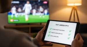 Osoba weryfikująca jakość listy IPTV na tablecie z widoczną listą kontrolną, podczas gdy w tle na telewizorze płynnie odtwarzany jest mecz.