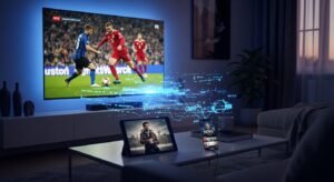 Nowoczesny salon, w którym telewizor, tablet i smartfon jednocześnie odtwarzają różne treści dzięki technologii IPTV, symbolizując elastyczność i nowoczesność.