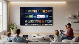 Telewizja internetowa IPTV wyświetlana na Smart TV w nowoczesnym salonie z dostępem do kanałów online