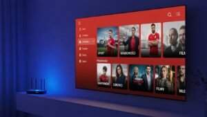 Nowoczesny telewizor Smart TV w salonie wyświetlający aplikację IPTV z ofertą polskich kanałów i kategorii tematycznych.