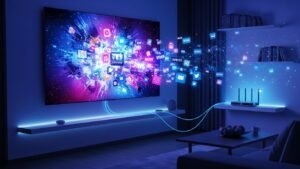 Nowoczesny salon z usługą iptv telewizja internetowa wyświetlaną na dużym ekranie smart TV.