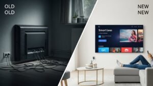 Porównanie tradycyjnej telewizji, pokazanej jako stary telewizor z plątaniną kabli, z nowoczesnym IPTV, przedstawionym jako minimalistyczny salon ze Smart TV na ścianie i bezprzewodowym dostępem.