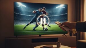 Osoba pauzująca transmisję meczu na żywo na ekranie telewizora za pomocą pilota, co ilustruje interaktywne funkcje IPTV, takie jak zatrzymywanie i wznawianie programu.