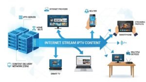 Schemat pokazujący jak działa telewizja IPTV i przesył sygnału telewizyjnego przez internet