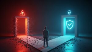 Symboliczna ilustracja wyboru między legalnym a nielegalnym IPTV. Osoba na rozdrożu wybiera bezpieczną ścieżkę z zieloną tarczą bezpieczeństwa, odrzucając ciemną, ryzykowną drogę ze znakiem ostrzegawczym.