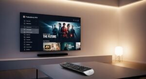 Interfejs nowoczesnej aplikacji IPTV na ekranie telewizora 4K.