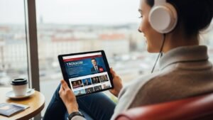 Podróżny oglądający polską telewizję internetową na tablecie podczas pobytu za granicą, korzystając z mobilnego dostępu do IPTV.