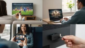Kolaż czterech zdjęć pokazujący porównanie metod oglądania IPTV: osoba ogląda sport na Smart TV, film na laptopie, wiadomości na smartfonie w pociągu oraz podłącza przystawkę Smart TV.