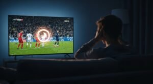 Sfrustrowana osoba patrząca na zacinający się i buforujący ekran telewizora podczas oglądania streamingu IPTV.