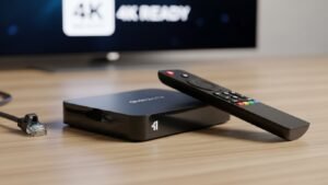 Dekoder Android TV box i pilot niezbędne do odbioru IPTV telewizji internetowej.