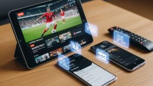 Tablet i smartfon wyświetlające transmisję sportową na żywo oraz polski przewodnik po programach (EPG) w wysokiej rozdzielczości.