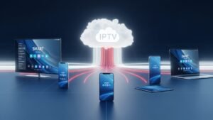 Wizualizacja technologii IPTV: świecąca chmura internetu wysyłająca strumienie danych do telewizora Smart TV, laptopa, smartfona i tabletu, symbolizująca telewizję przez internet na wielu urządzeniach.