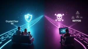 Grafika koncepcyjna porównująca legalne IPTV, przedstawione jako jasna i bezpieczna ścieżka, z nielegalnym IPTV, ukazanym jako ciemna, chaotyczna ścieżka pełna błędów.