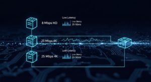 Schemat infrastruktury IPTV z serwerami i CDN w Polsce pokazujący bitrate i opóźnienia
