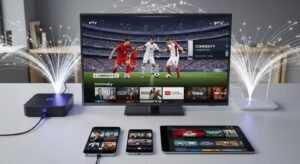 Zestaw urządzeń: Smart TV, TV Box, smartfon i tablet, wszystkie wyświetlające ten sam polski kanał sportowy przez aplikację IPTV, połączone bezprzewodowo.