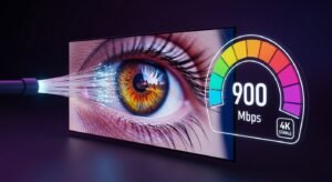 Abstrakcyjna wizualizacja szybkiego internetu światłowodowego płynącego do ekranu 8K wyświetlającego krystalicznie czysty obraz 4K z oznaczeniem stabilności.