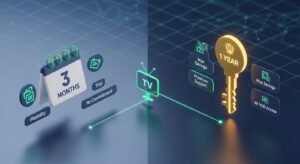 Infografika 3D przedstawiająca dwie opcje subskrypcji IPTV Polska: elastyczny pakiet 3-miesięczny oraz oszczędny pakiet roczny, z ikonami korzyści.