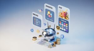 Infografika 3D pokazująca różne pakiety cenowe IPTV Polska: miesięczny, kwartalny i roczny.