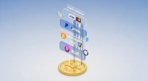 Ilustracja 3D pokazująca cztery główne metody płatności za IPTV w Polsce: kartę, PayPal, krypto i BLIK