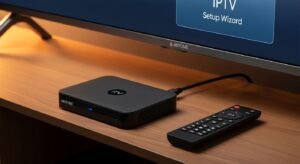 Nowoczesny TV Box Android podłączony do telewizora, gotowy do odbioru IPTV.