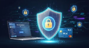 Cyfrowe bezpieczeństwo przy płatnościach za IPTV online: tarcza z symbolem kłódki nad laptopem i kartą kredytową wyświetlającą ikony polskich banków (BLIK).