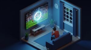 Ilustracja problemu z tanim IPTV: zacinający się obraz meczu piłki nożnej na telewizorze.