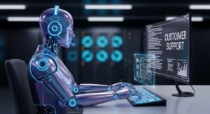 Ilustracja przedstawiająca zaawansowanego robota w słuchawkach z mikrofonem, symbolizującego pomoc techniczną przy anulowaniu trudnych subskrypcji IPTV.