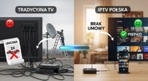 Porównanie bałaganu tradycyjnej telewizji satelitarnej z czystym zestawem IPTV Polska.