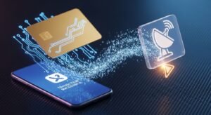 Ilustracja pokazująca połączenie między kartą kredytową, smartfonem i usługą streamingu IPTV, symbolizująca automatyczne odnawianie subskrypcji.