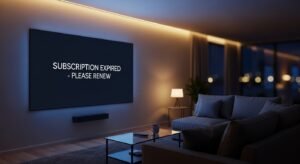Ekran telewizora z powiadomieniem o wygaśnięciu abonamentu IPTV.