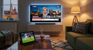 Nowoczesny salon w Polsce z telewizorem wyświetlającym polskie kanały informacyjne w wysokiej jakości.
