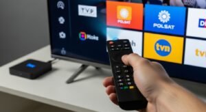 Ręka z pilotem konfigurująca polskie kanały IPTV na nowoczesnym telewizorze Smart TV.