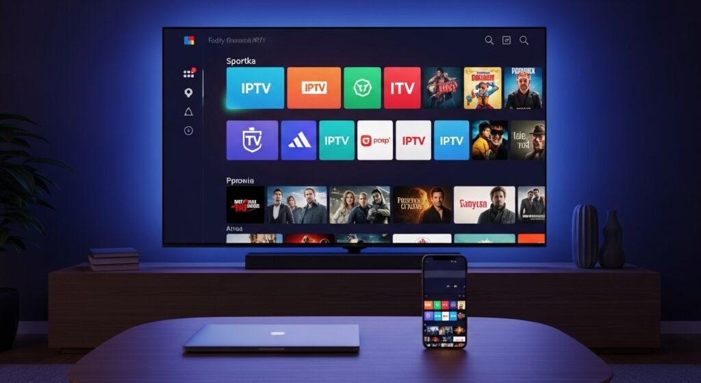 Nowoczesny salon z dużym telewizorem wyświetlającym pakiet IPTV Polska