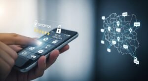 Ręka trzymająca smartfon z aplikacją IPTV na tle cyfrowej mapy Polski.