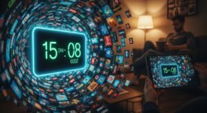 Futurystyczny licznik czasu odliczający dni do wygaśnięcia abonamentu IPTV pośród logotypów kanałów.