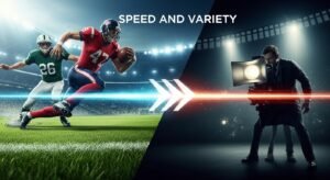 Dynamiczne sceny sportowe i filmowe symbolizujące wysoką jakość i szybkość sygnału IPTV.