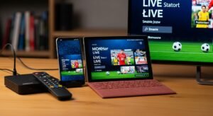 Czworo różnych urządzeń: TV Box, smartfon, tablet i Smart TV, wyświetlających ten sam zsynchronizowany mecz piłki nożnej z polskim komentarzem.