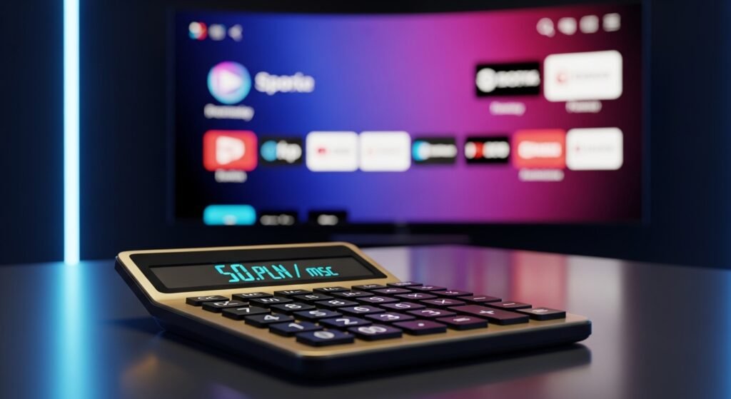 Nowoczesny kalkulator wyświetlający cenę IPTV w Polsce na tle telewizora 4K.