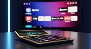 Nowoczesny kalkulator wyświetlający cenę IPTV w Polsce na tle telewizora 4K.