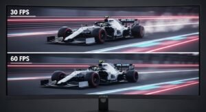 dynamiczne porównanie płynności ruchu bolidu F1: rozmyty obraz przy 30 FPS kontra idealnie ostry i płynny przy 60 FPS w wysokiej jakości IPTV.