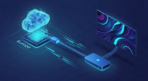 Schemat technologiczny przesyłu danych IPTV z serwera do dekodera przez światłowód.