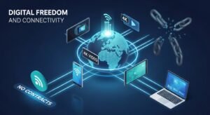 Ilustracja 3D przedstawiająca łączność IPTV na wielu urządzeniach: smartfonie, tablecie i laptopie bez kabli.