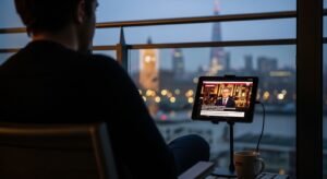 Osoba oglądająca polską telewizję internetową IPTV Full HD na tablecie na balkonie w Londynie, tęskniąc za krajem.