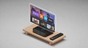 Przystawka Android TV Box i pilot leżące na szafce, z widocznym w tle nowoczesnym interfejsem polskiej aplikacji IPTV.