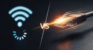 Zbliżenie na kabel Ethernet i gniazdo sieciowe, symbolizujące stabilne połączenie internetowe dla IPTV.