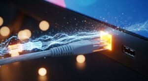 Zbliżenie na kabel światłowodowy podłączany do telewizora, symbolizujący szybki internet niezbędny do płynnego IPTV Polska Full HD bez buforowania.