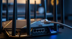 Zbliżenie na nowoczesny router Wi-Fi 6 z podłączanym kablem Ethernet, sugerujące stabilne połączenie dla usług streamingowych.