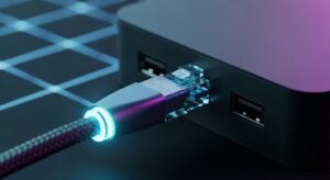Zbliżenie na świecący kabel LAN podłączony do przystawki TV Box, gwarantujący stabilne działanie telewizji internetowej bez buforowania.