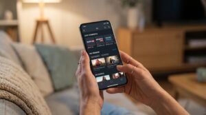 Kobieta używająca smartfona do konfiguracji IPTV Polska na urządzeniach mobilnych w domowym zaciszu.