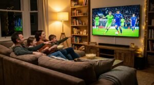 Rodzina oglądająca film z wykorzystaniem iptv na smart tv w polsce